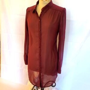 Shear Burgundy Red Long Buttoned Top by Frenchi
